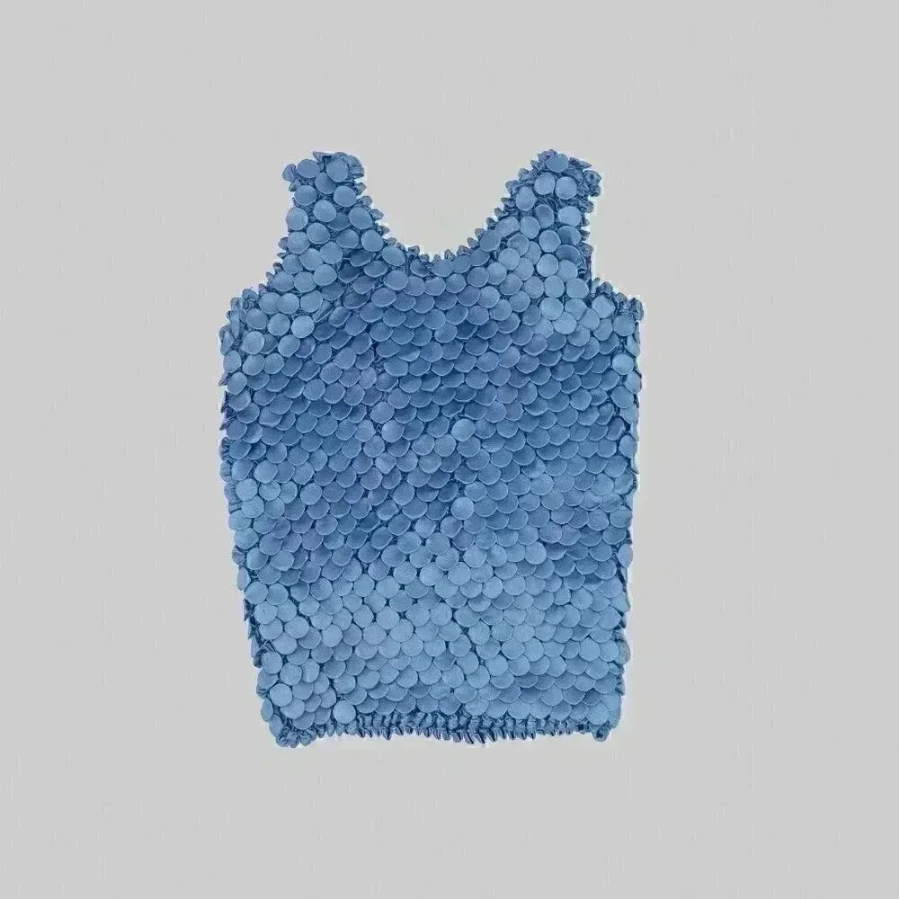 2000s Blue Nautical Cropped Tank Top Small Summer Popcorn Blouse Sleeveless Top - Picture 2 of 3